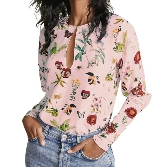 Joie Liseli Pink Botanical Floral Butterfly Print Keyhole Blouse XS - Picture 1 of 8